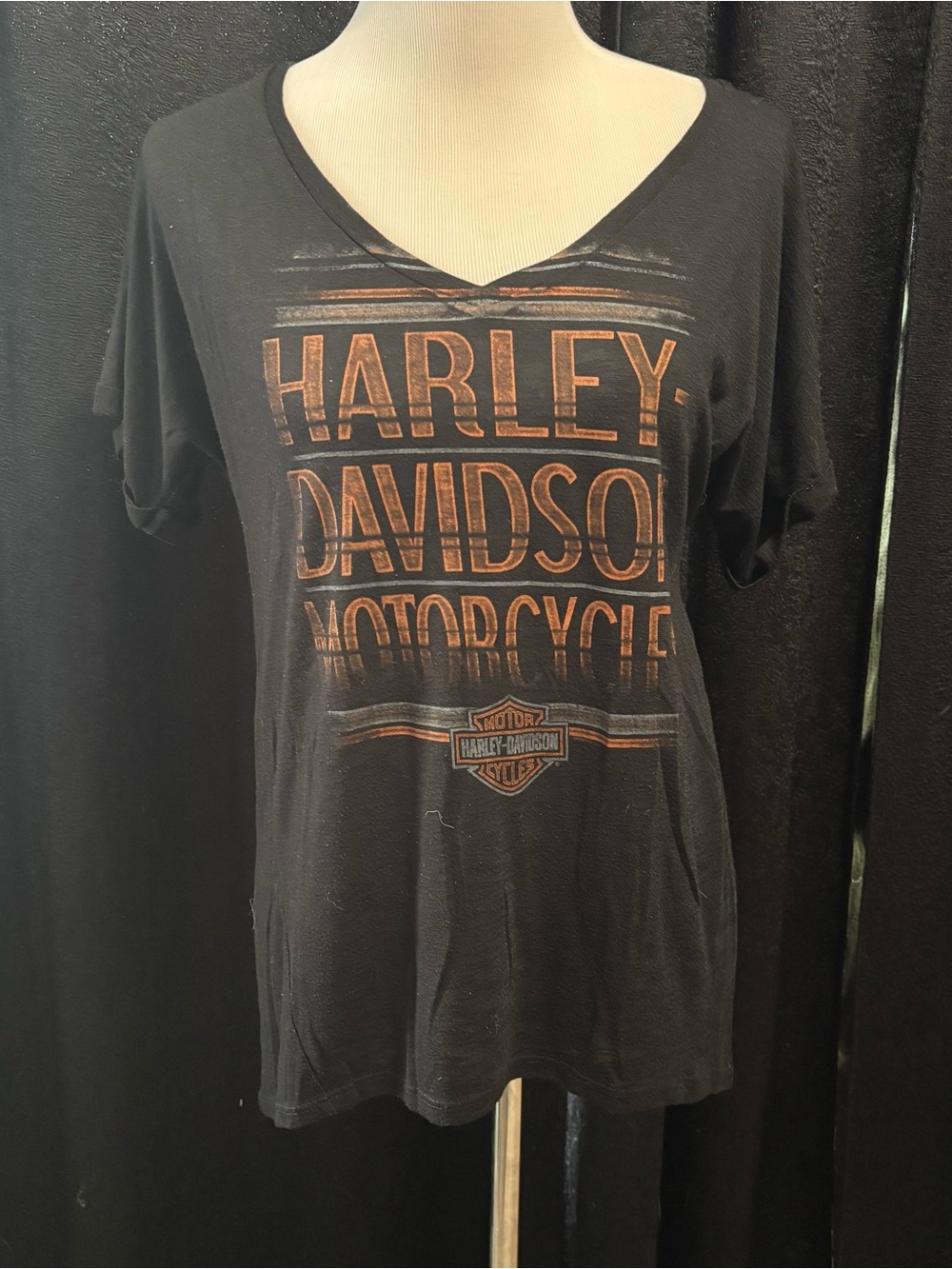 Harley-Davidson Black Short Sleeve V-Neck Tee with Orange Logo